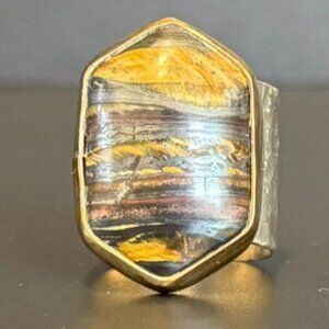 Handcrafted Tiger Iron Stone Ring With Hammered Silver Band